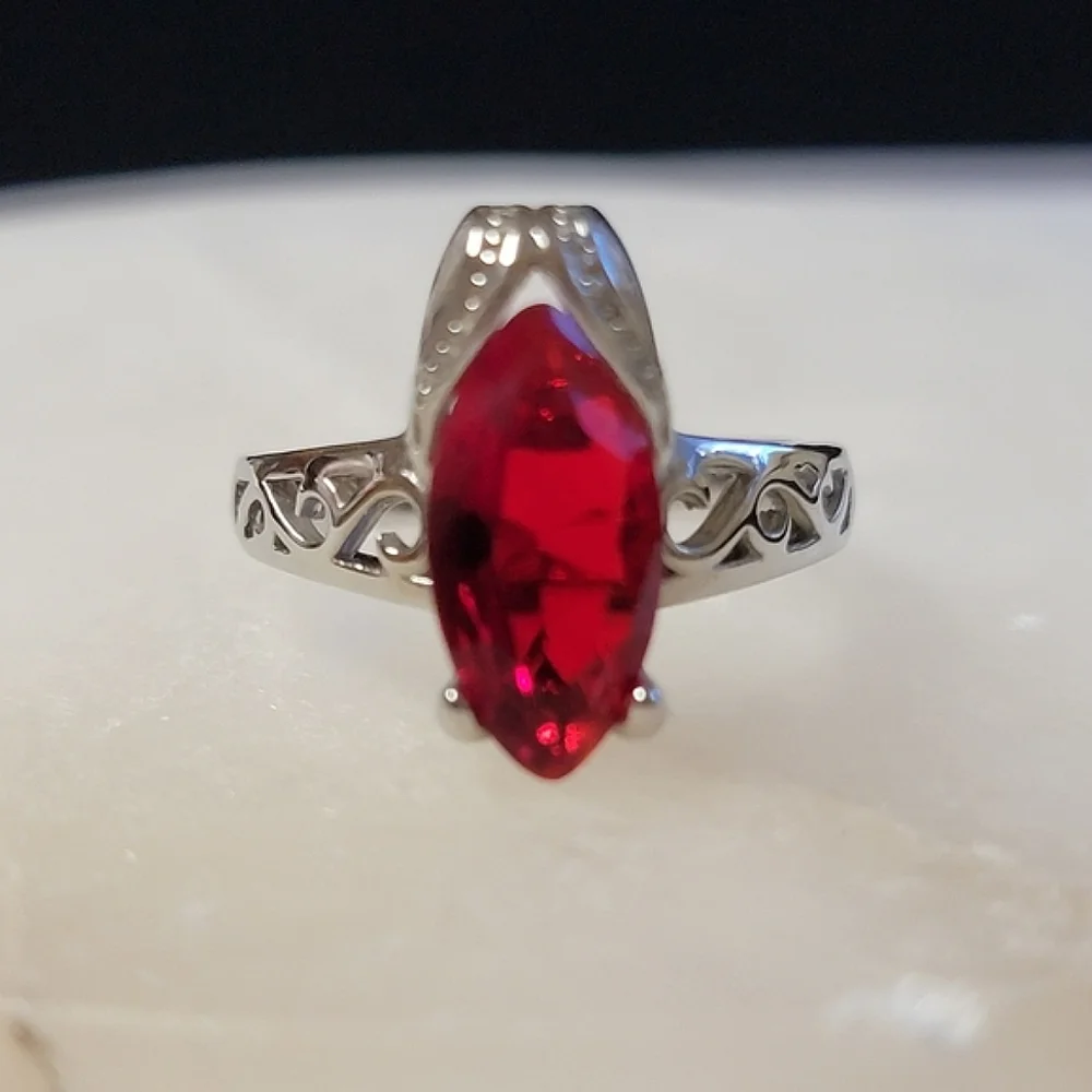 Faux Ruby Marquise Cocktail Ring Silver Tone